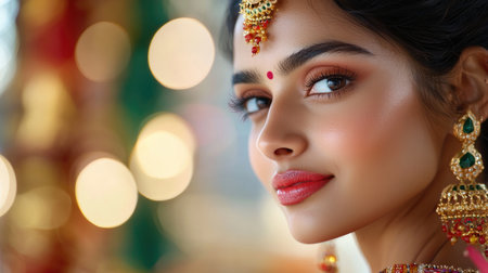 Young Indian woman adorned in traditional lehenga and golden jewelry celebrates Diwali.の素材