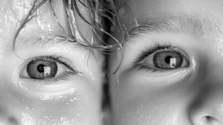 A striking close-up of Caucasian twin children with vivid blue eyes and wet faces, capturing their intense gaze and connectionの素材