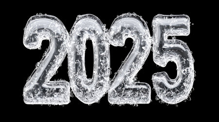 Crystal clear numbers 2025 isolated on a black background, perfect for New Year's celebrations.の素材