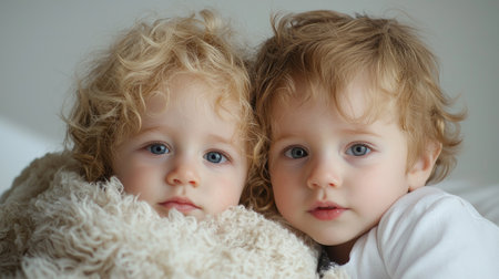 Two curly-haired Caucasian twin toddlers with deep blue eyes cuddle closely, exuding warmth and innocence.の素材