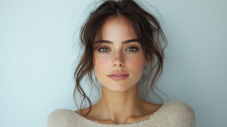 A beautiful young woman with perfect skin and natural makeup poses softly against a white background.の素材