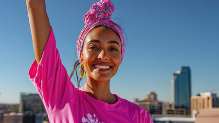 A beautiful breast cancer survivor raises her arm in triumph, symbolizing strength, hope, and awareness in the fight against cancer.の素材