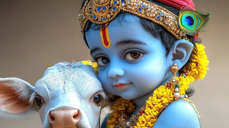 Adorable depiction of baby Lord Krishna lovingly posing with a sacred cow, symbolizing divine love and purity.の素材