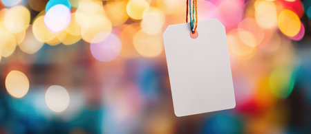 A blank white tag mockup hangs in a colorful, vibrant store, ideal for sale promotions and festive offers.の素材