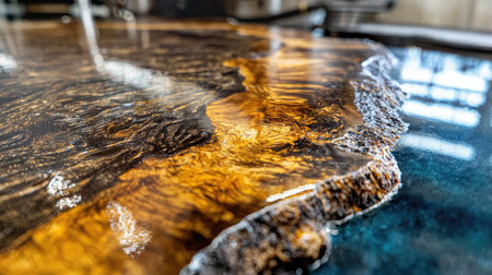 A close-up of a polished, glossy epoxy table showing intricate wood detailing and elegant craftsmanship.の素材