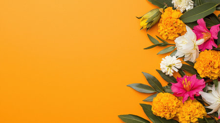 A vibrant display of traditional Indian marigold garlands and mango leaves on an orange background, perfect for Diwali, Pongal, or Gudi Padwa celebrations.の素材