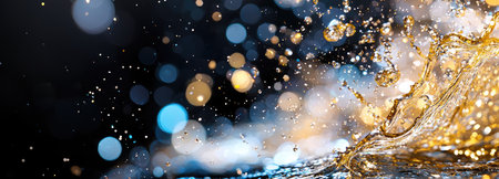 Abstract glowing golden light particles with bokeh and flare on a black background, perfect for holiday invitations or festive designs.の素材