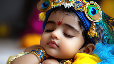 A serene depiction of baby Lord Krishna peacefully sleeping with a peacock feather, symbolizing divine innocence and purity.の素材