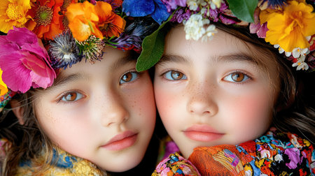 A close-up portrait of twin girls with striking floral crowns, highlighting their delicate features and vibrant surroundingsの素材