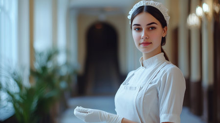 Young Hotel Maid in Elegant Classic Interior. A.I.の素材