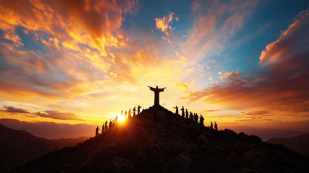 A powerful silhouette of Jesus on a hilltop with arms outstretched, surrounded by followers at sunset.の素材
