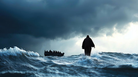 Jesus Christ walks on turbulent waters towards a boat under stormy skies, illuminated by dramatic lighting.の素材