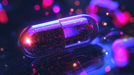 A glowing AI-enhanced pill concept set in a vibrant, futuristic digital environment.の素材