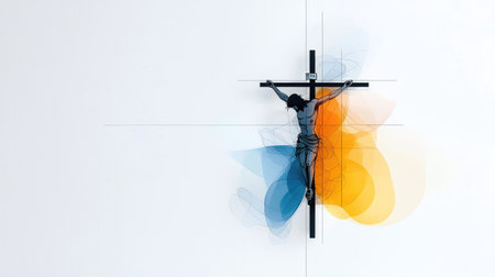 A minimalist line art depicting Jesus on the cross, featuring abstract orange and blue colors.の素材