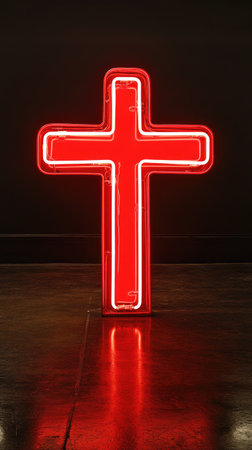 A glowing red neon cross symbolizing faith, Christianity, and the power of belief.の素材