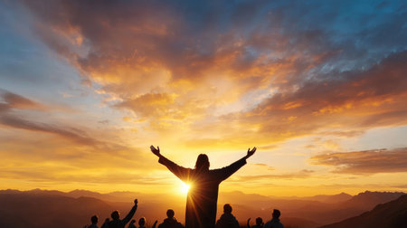 A powerful silhouette of Jesus on a hilltop with arms outstretched, surrounded by followers at sunset.の素材