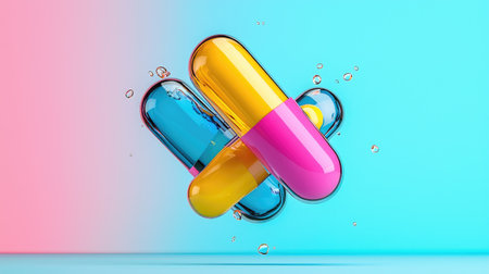 A glowing AI-enhanced pill concept set in a vibrant, futuristic digital environment.の素材
