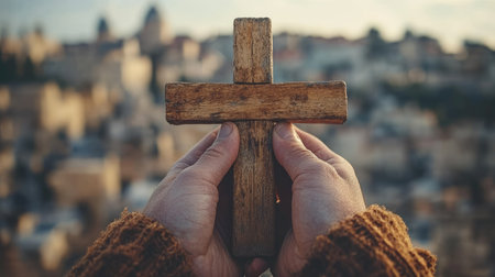 Hands holding a wooden cross in prayer with a blurred view of a holy site in the background.の素材