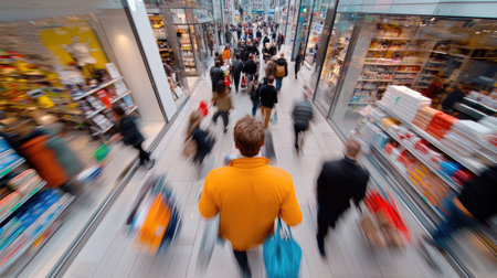 Shoppers hustle through a mall, seeking deals on Black Friday.の素材