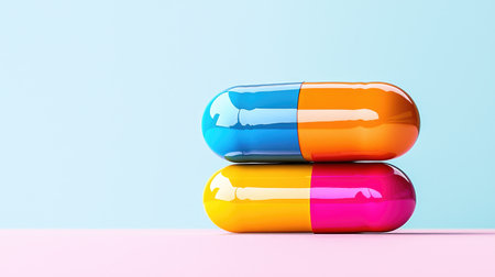 A glowing AI-enhanced pill concept set in a vibrant, futuristic digital environment.の素材
