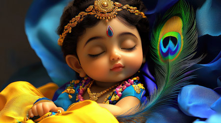 A serene depiction of baby Lord Krishna peacefully sleeping with a peacock feather, symbolizing divine innocence and purity.の素材