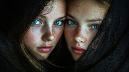 Twin sisters with piercing gazes, draped in black veils, create a profound and mysterious portrait of beauty and emotion.の素材