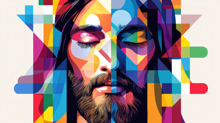 A vibrant abstract stained glass style illustration of Jesus Christ face in a geometric pattern.の素材