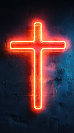 A glowing red neon cross symbolizing faith, Christianity, and the power of belief.の素材