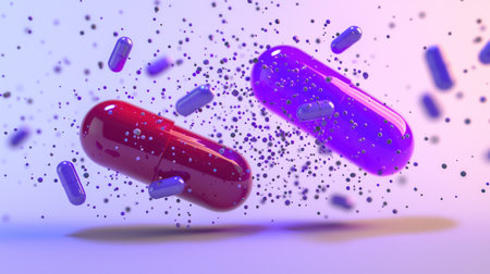 Vibrant futuristic pills floating in a 3D-rendered digital healthcare concept.の素材
