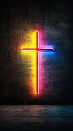 A neon cross emits vibrant red, yellow, and blue light, creating a radiant reflection on a dark wall.の素材