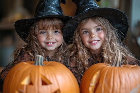 Happy children in witch costumes smile together with Halloween pumpkins, celebrating the festive season.の素材