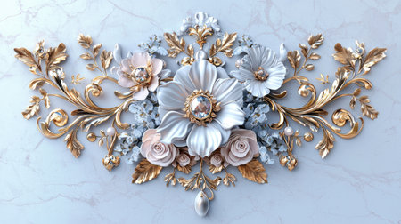 An elaborate metallic baroque floral decoration featuring golden accents, intricately crafted as a stunning wall art piece.の素材