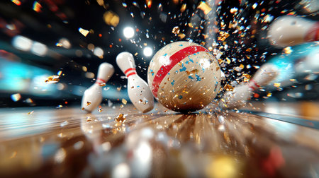 A dramatic 3D rendering of a bowling ball smashing into pins, sending debris flying in a powerful strike.の素材