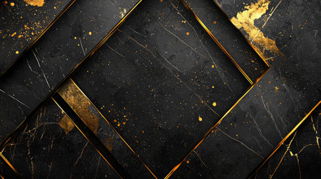 An elegant geometric background combining black and gold in a sleek marble texture.の素材