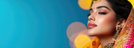 Young Indian woman adorned in traditional lehenga and golden jewelry celebrates Diwali.の素材