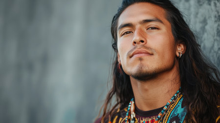 A portrait of a young Native American man wearing traditional beads, symbolizing cultural heritage and strength.の素材