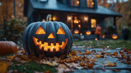 A close-up of a carved jack-o-lantern illuminated by candlelight, creating a spooky and festive atmosphere for Halloween.の素材