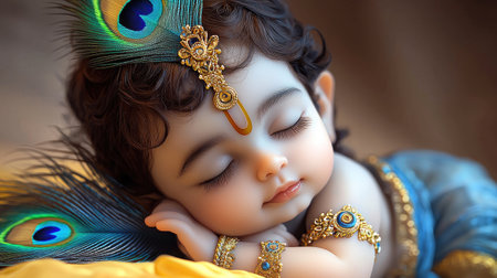 A serene depiction of baby Lord Krishna peacefully sleeping with a peacock feather, symbolizing divine innocence and purity.の素材
