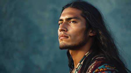 A portrait of a young Native American man wearing traditional beads, symbolizing cultural heritage and strength.の素材