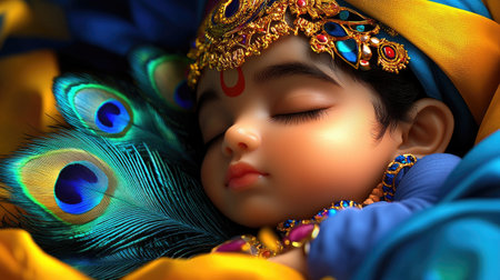 A serene depiction of baby Lord Krishna peacefully sleeping with a peacock feather, symbolizing divine innocence and purity.の素材