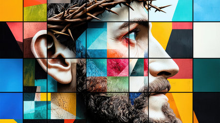 A vibrant abstract stained glass style illustration of Jesus Christ wearing a crown of thorns in a geometric pattern.の素材