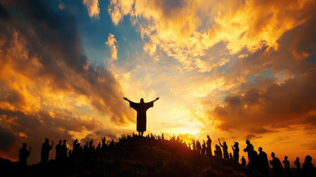 A powerful silhouette of Jesus on a hilltop with arms outstretched, surrounded by followers at sunset.の素材