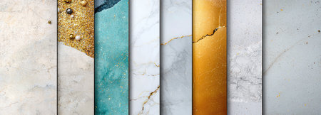A luxury background showing samples of premium finishing materials, including marble, gold, and glittering stones.の素材