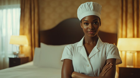 Young Hotel Maid in Elegant Classic Interior. A.I.の素材
