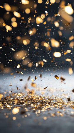 Golden confetti sparkles under spotlights, symbolizing a festive celebration or grand event.の素材