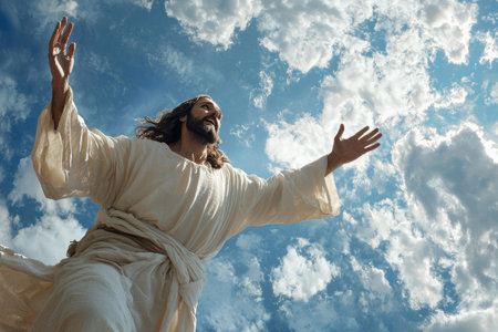 Jesus Christ, dressed in flowing white robes, is depicted ascending into the sky surrounded by clouds, symbolizing spiritual elevation and divinityの素材