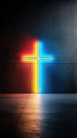 A neon cross emits vibrant red, yellow, and blue light, creating a radiant reflection on a dark wall.の素材