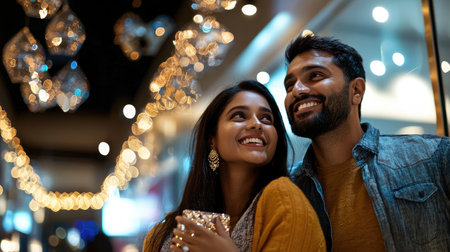 Two Indian couples happily explore options at a luxury jewelry store.の素材