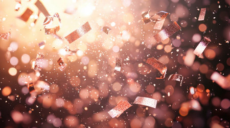 Golden confetti sparkles under spotlights, symbolizing a festive celebration or grand event.の素材