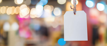 A blank white tag mockup hangs in a colorful, vibrant store, ideal for sale promotions and festive offers.の素材